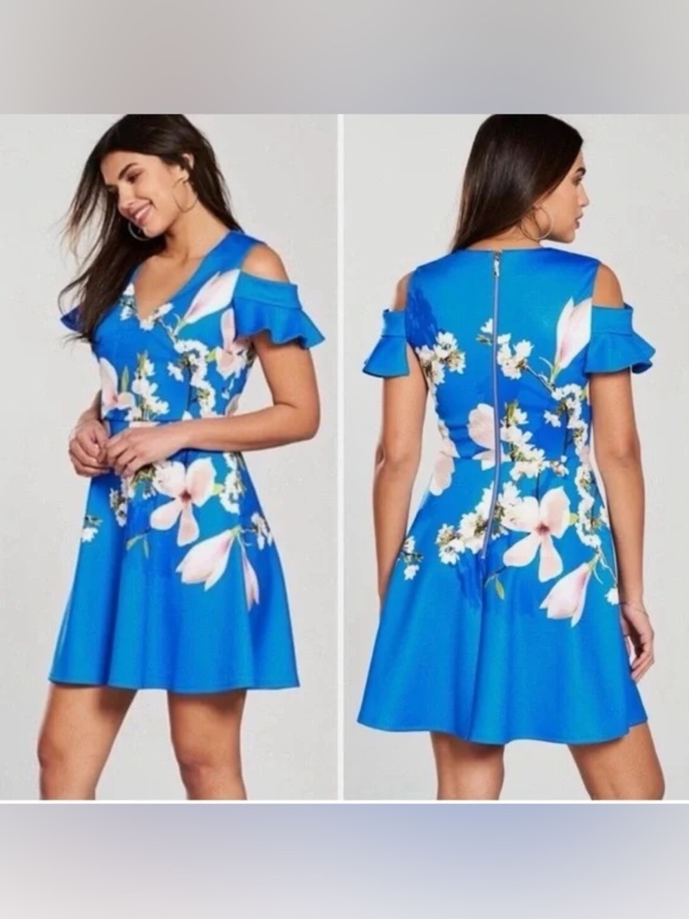 Ted Baker Blue Floral V-Neck Cold Shoulder Skater A-Line Knee Dress Harmony Sz 4